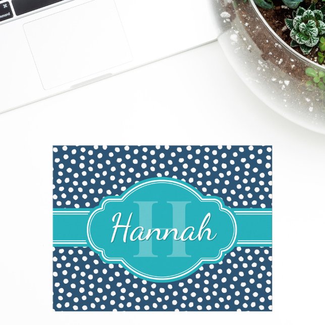 Navy White Dotted Pattern Teal Monogram Postcard (Creator Uploaded)