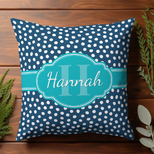 Navy White Dotted Pattern Teal Monogram Throw Pillow