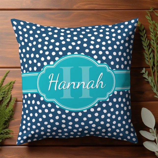 Navy White Dotted Pattern Teal Monogram Throw Pillow (Creator Uploaded)