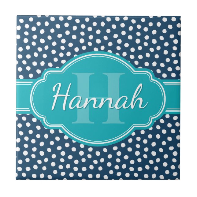 Navy White Dotted Pattern Teal Monogram Tile (Front)