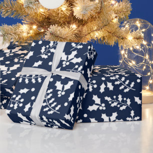 Navy & White Festive Christmas Holly Pattern Wrapping Paper