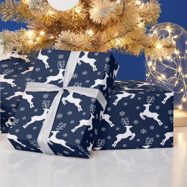 Navy & White Festive Christmas Reindeer Pattern Wrapping Paper (Holidays)