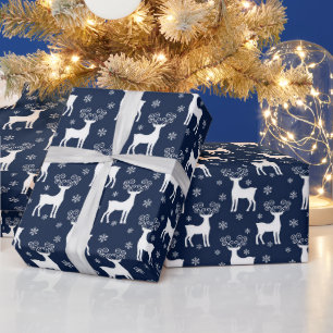 Navy & White Festive Christmas Reindeer Pattern Wrapping Paper
