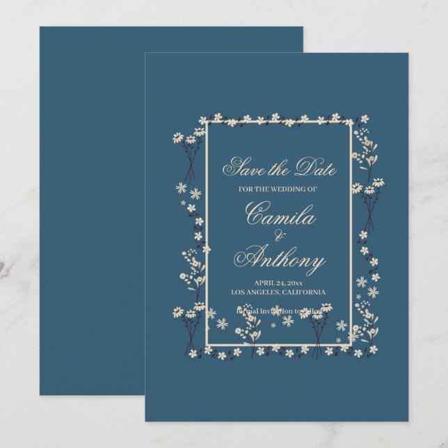Navy White Floral Border Wedding Save The Date Invitation (Front/Back)