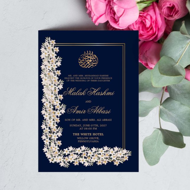Navy White Floral Chic  Islamic Muslim Wedding Invitation (Creator Uploaded)