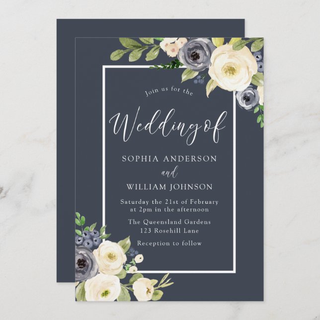Navy & White Floral Elegant Wedding Invitation (Front/Back)