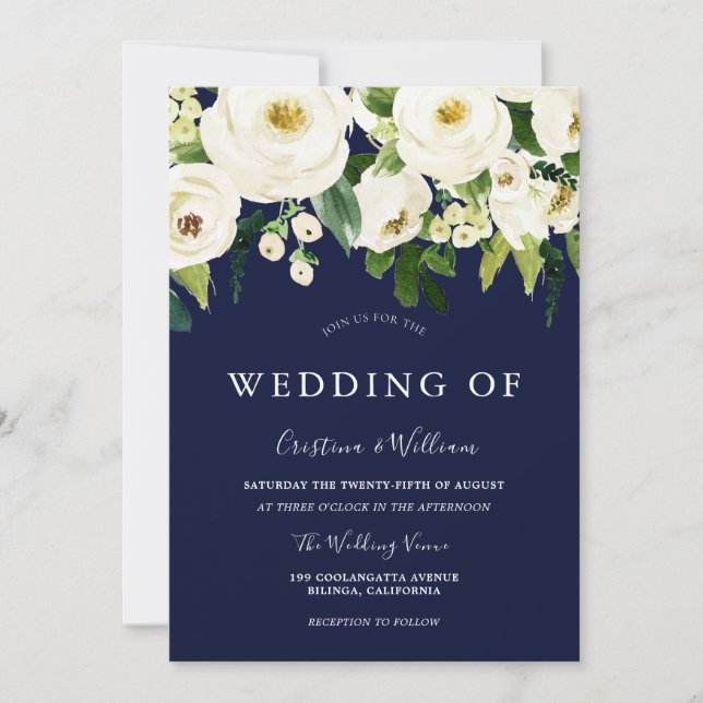 Navy & White Floral Elegant Wedding Invitation (Front)