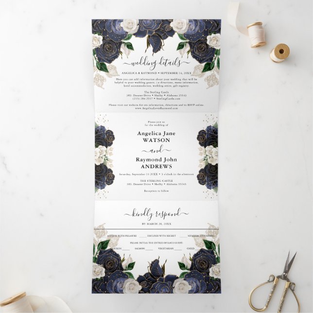 Navy & White Floral Elegant Wedding Tri-Fold Invitation (Inside)