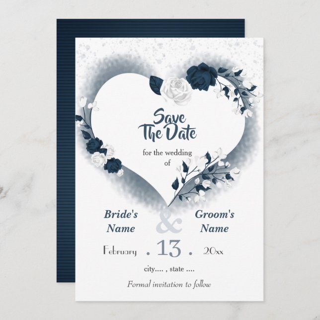 Navy & white floral heart save the date (Front/Back)