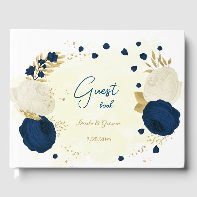 navy & white flowers gold botanical wedding guest book (Front)