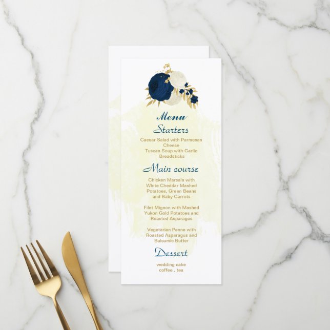navy & white flowers gold botanical wedding menu (Front/Back In Situ)