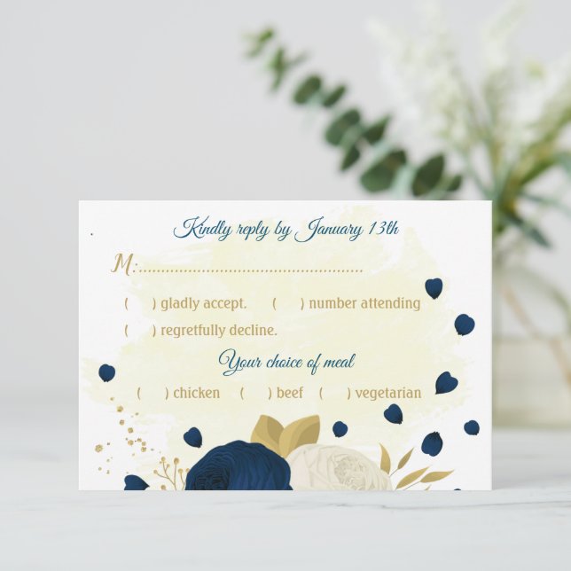 navy & white flowers gold botanical wedding  RSVP card (Standing Front)