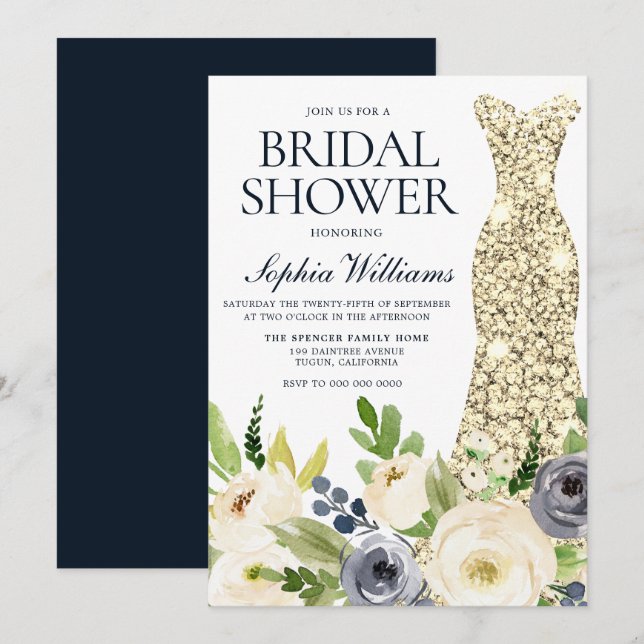 Navy & White Flowers Gold Dress Bridal Shower Invitation (Front/Back)