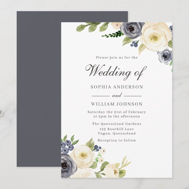 Navy & White Flowers Pure Elegant Wedding Invitation (Front/Back)