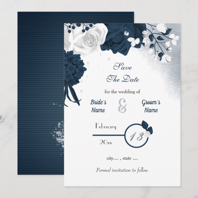 Navy & white flowers romantic save the date (Front/Back)