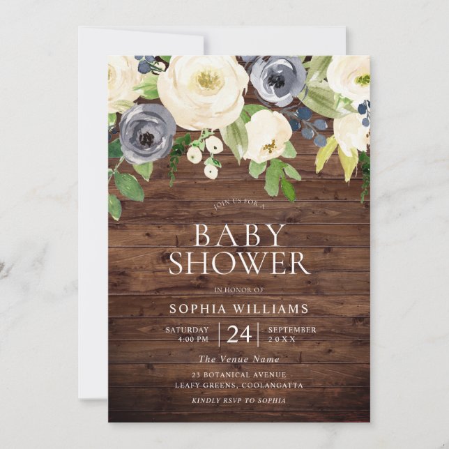 Navy & White Flowers Rustic Wood Baby Shower Invitation (Front)
