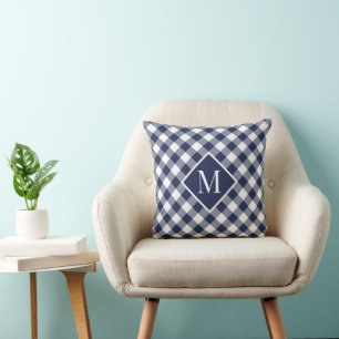 Navy White Gingham Check Pattern Chic Monogram Throw Pillow