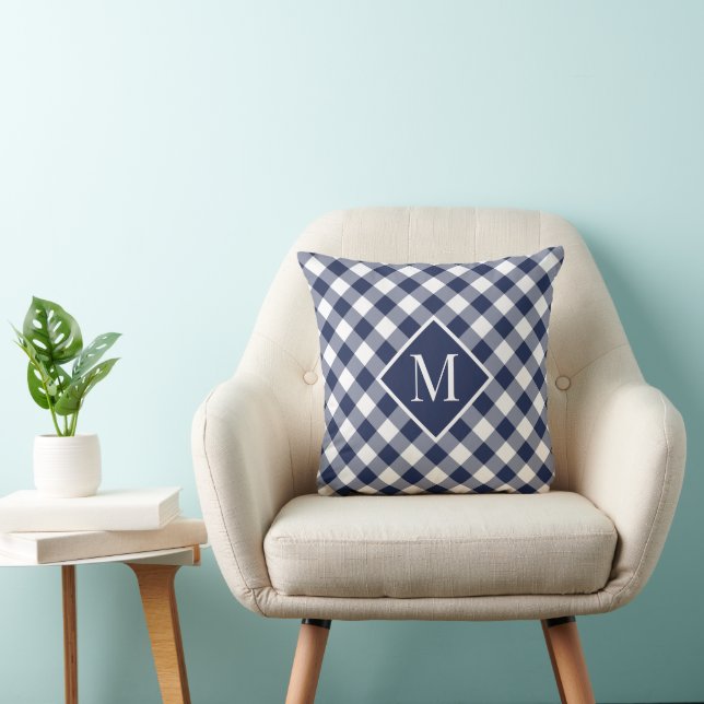 Navy White Gingham Check Pattern Chic Monogram Throw Pillow (Chair)