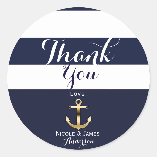 Navy White & Gold Anchor Nautical Stripe Favour Classic Round Sticker (Front)