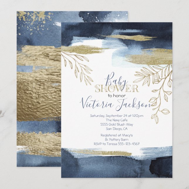 Navy White Gold Boy Baby Shower Invitation (Front/Back)