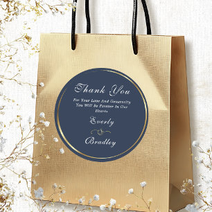 Navy White Gold Elegant Script Wedding Thank You  Classic Round Sticker