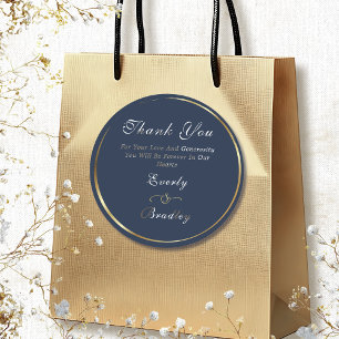 Navy White Gold Elegant Script Wedding Thank You  Classic Round Sticker