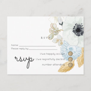 Navy White Gold Floral Wedding Budget RSVP Invitation Postcard