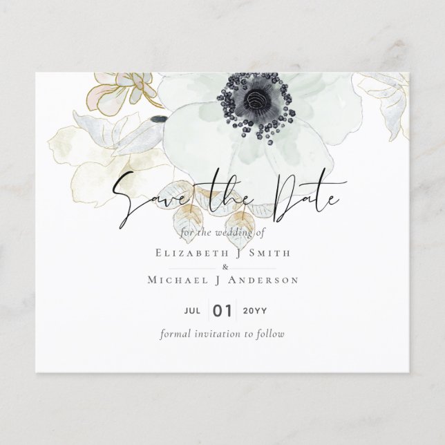 Navy White Gold Floral Wedding Save Date Budget (Front)