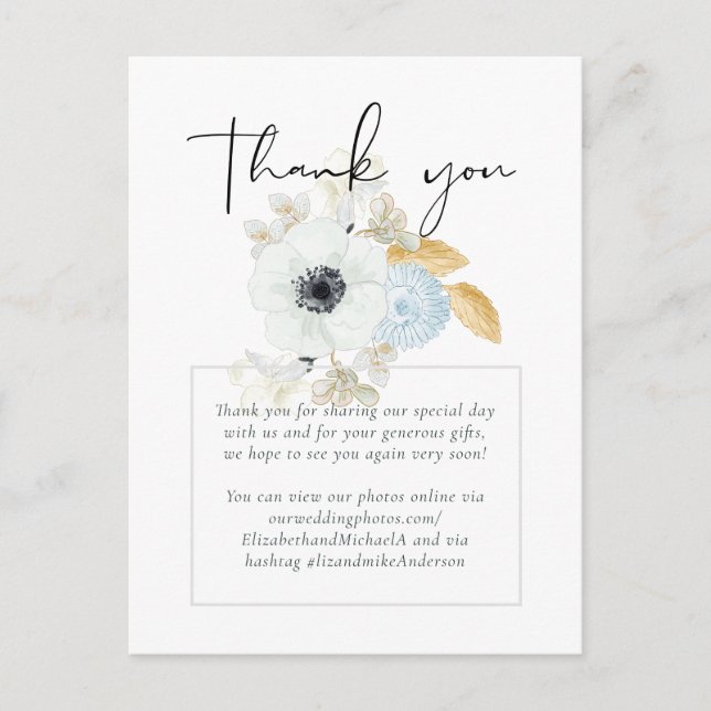 Navy White Gold Floral Wedding Thank You Budget Postcard (Front)