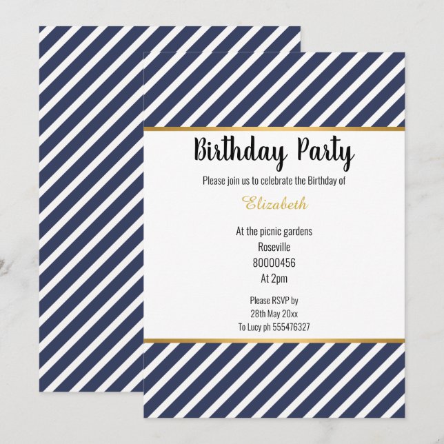 NAVY WHITE GOLD STRIPED PATTERNED BIRTHDAY INVITATION (Front/Back)