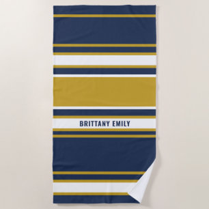 Navy White Gold Stripes Pattern Personalized Beach Towel