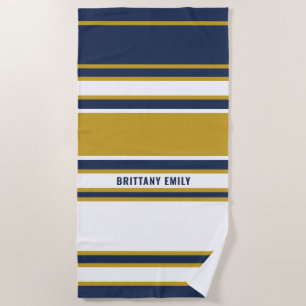Navy White Gold Stripes Pattern Personalized Beach Towel