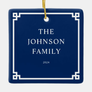 Navy White Greek Key Border Family Photo Ceramic Ornament