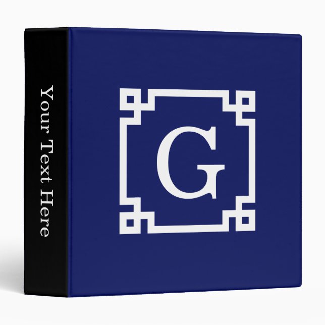 Navy White Greek Key Frame #2 Initial Monogram Binder (Front/Spine)