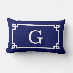 Navy White Greek Key Frame #2 Initial Monogram Lumbar Pillow