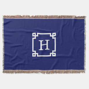 Navy White Greek Key Frame #2 Initial Monogram Throw Blanket