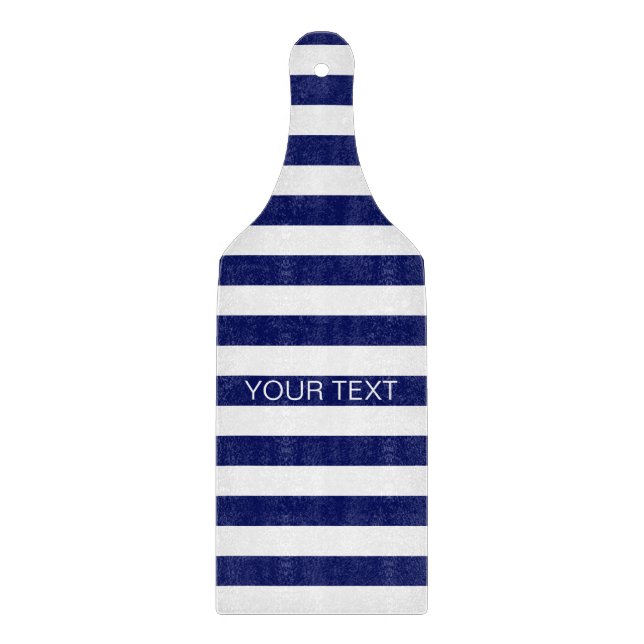 Navy White Horizontal Preppy Stripe Name Monogram Cutting Board (Front)