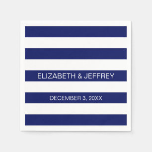 Navy White Horizontal Preppy Stripe Name Monogram Napkin
