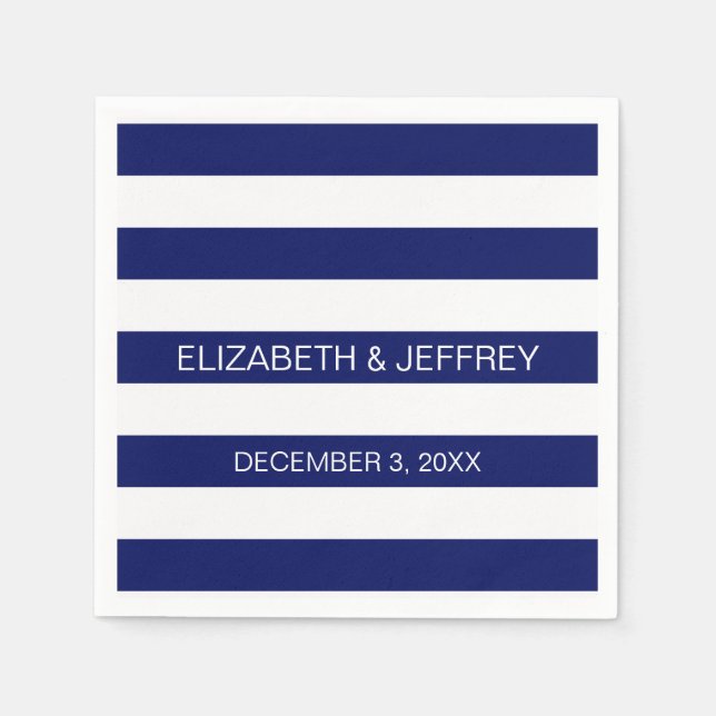 Navy White Horizontal Preppy Stripe Name Monogram Napkin (Front)