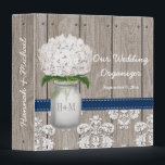 Navy White Hydrangea Mason Jar Wedding Planner Binder<br><div class="desc">Pretty rustic style monogrammed mason jar binder with a white hydrangea flower and a wooden fence and antique damask pattern lace background and stitched navy blue hued ribbon. This wedding organizer can be personalized with the initials and monogram of the bride and groom on the mason jar and customized with...</div>