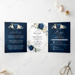 Navy White Ivory Geometric Tri-fold Wedding invite