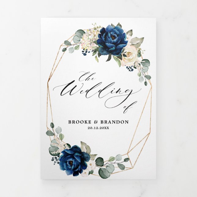 Navy White Ivory Geometric Tri-fold Wedding invite (Cover)