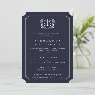 Navy/White JD Law Scales + Laurel Graduation Invitation