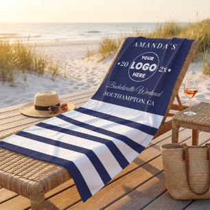 Navy White Minimalist Bachelorette Weekend Logo  Beach Towel
