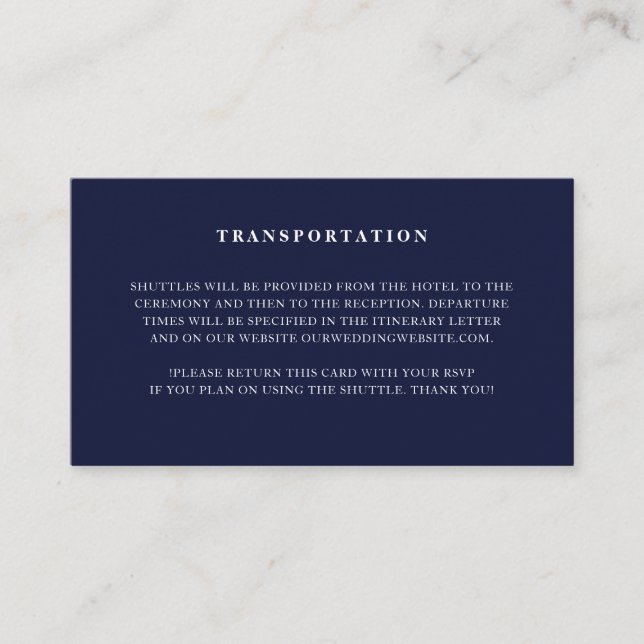 Navy White Minimalist Wedding Transportation Enclosure Card (Front)