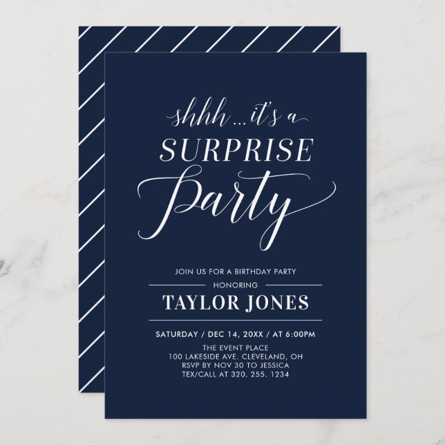 Navy & White | Modern Surprise Birthday Party Invitation (Front/Back)