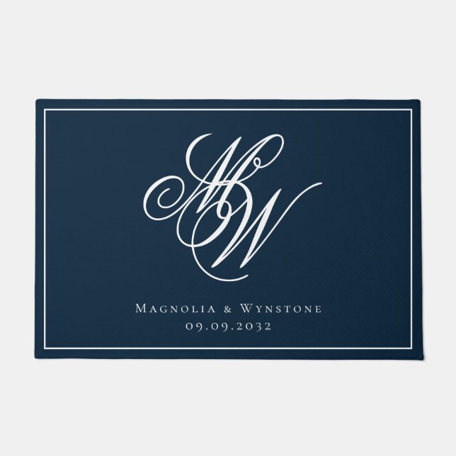 Navy White Monogram Couple Doormat (Front)