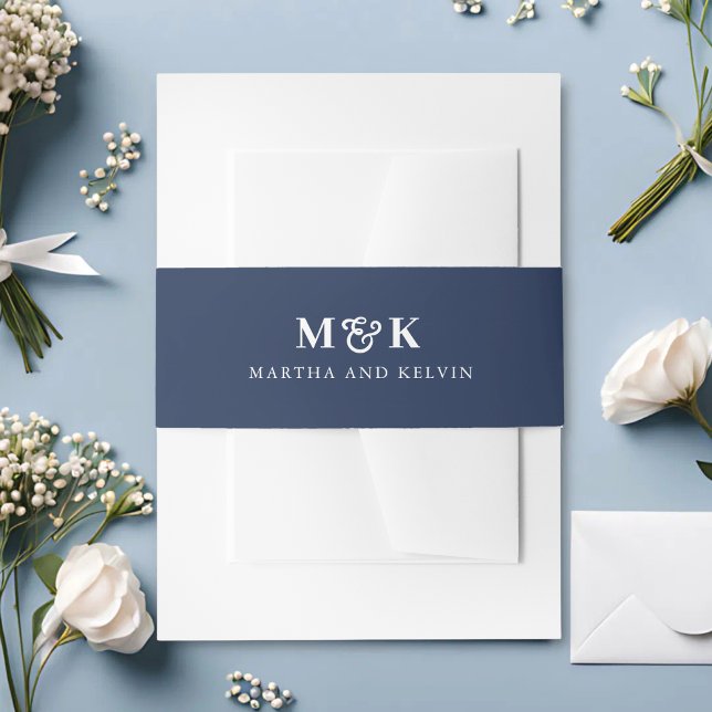 Navy & White Monogram Couples Wedding Invitation Belly Band (Navy and white monogram belly band adds refined elegance to your couples wedding invitations)