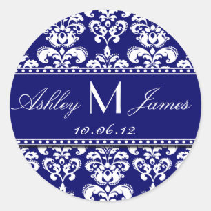 Navy White Monogram Damask Save the Date Stickers