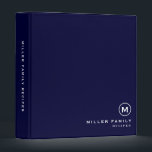 Navy White Monogram Initial Family Recipe Binder<br><div class="desc">Modern recipe binder features a minimal design in a navy blue and white colour palette. Custom family name presented in the lower right-hand corner in stylish simple font with a complimentary minimal monogram medallion. Shown with a custom name and monogram initial on the front in modern typography, this personalized family...</div>